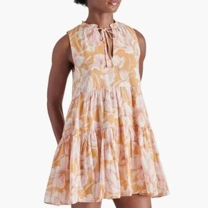 Steve Madden 100% Cotton Floral Sleeveless Tiered Dress L V-Neck Lined A-Line